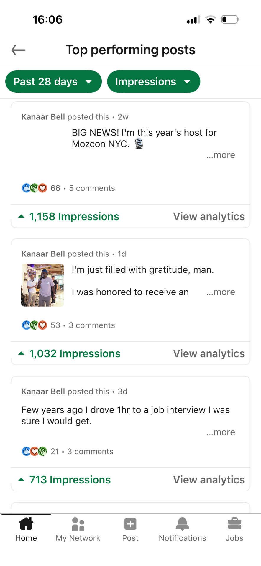 Top LinkedIn posts including the Mozcon NYC hosting announcement at 1,158 impressions