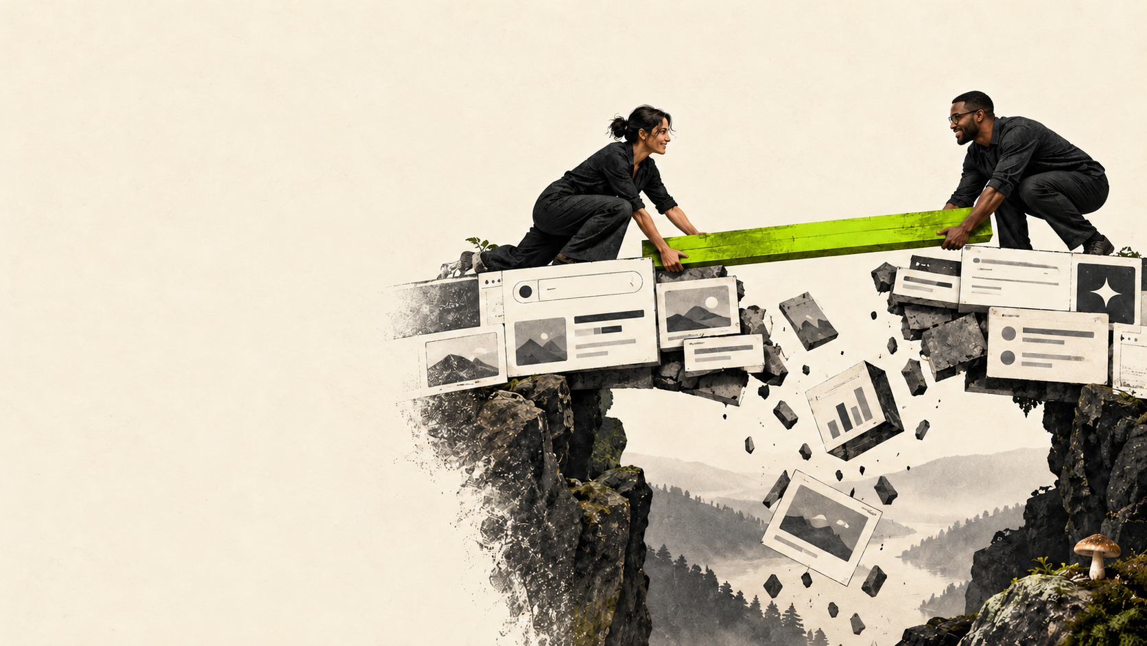 Two people on opposite cliff edges lay a lime green beam across a gap, where blocks shaped like search result cards, images, charts and AI answers crumble into the valley below.