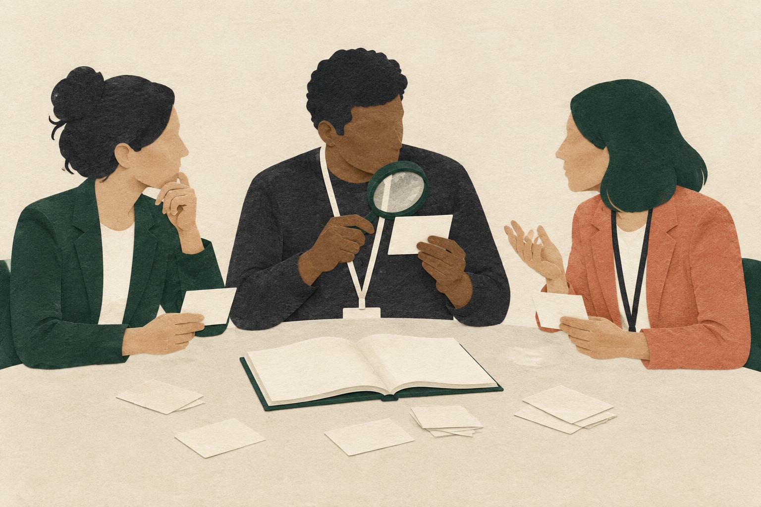 Paper-cut illustration of three conference attendees comparing evidence cards around an open notebook, with one examining a card through a magnifying glass.