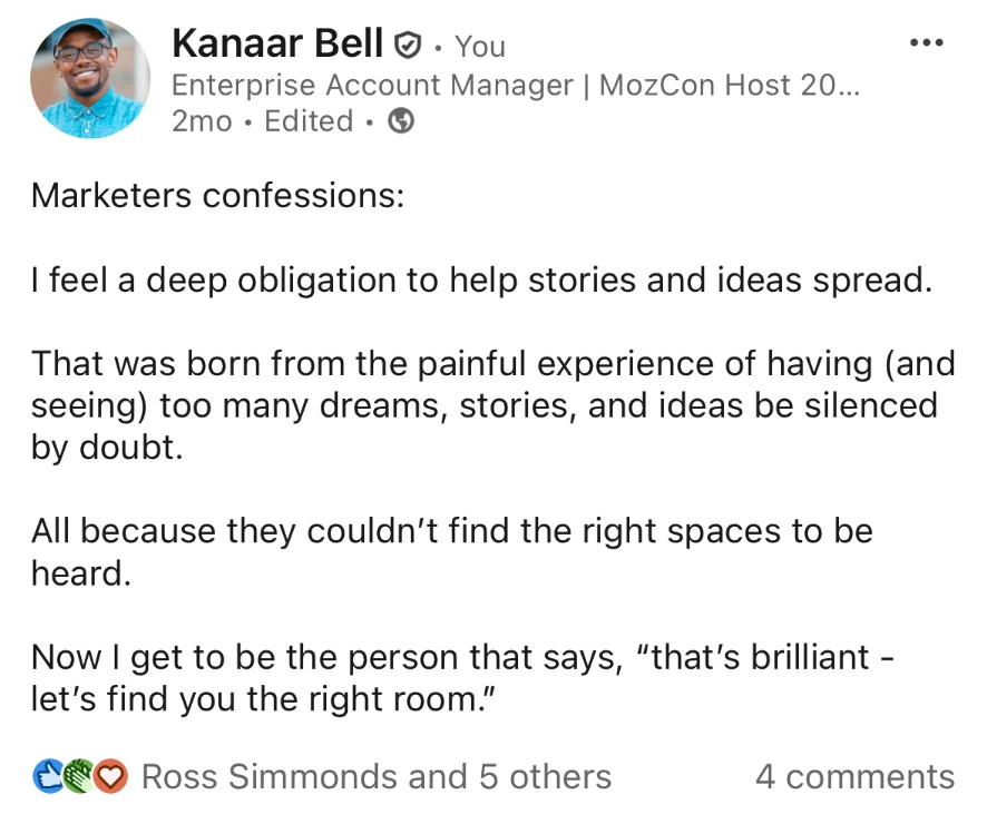 Screenshot of Kanaar Bell’s LinkedIn post, Marketers confessions